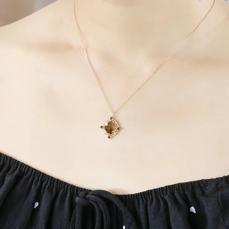 Emotional Factory 925 Sterling Silver 14K Gold Plated Gemstone Retro Geometric Circle Garnet Tea-Coloured Citrine Necklace