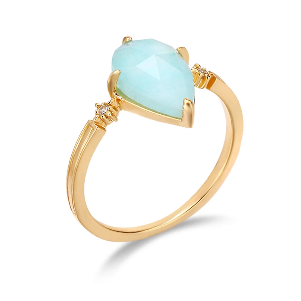925 Sterling Silver Gold Plated Drop Shaped Double Layers Gemstone Rock Crystal Amazonite Clear Quartz Ring