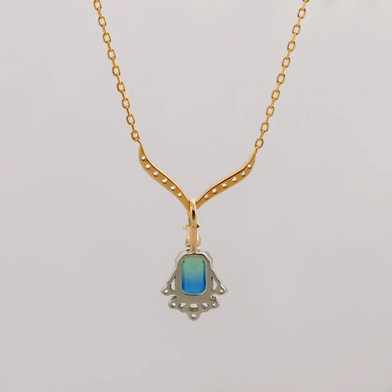 14K Gold Plated Necklace with Dual Tone Elegant Green & Blue Quartz Sparkling White Zircon Japanese Light Luxury Jewelry