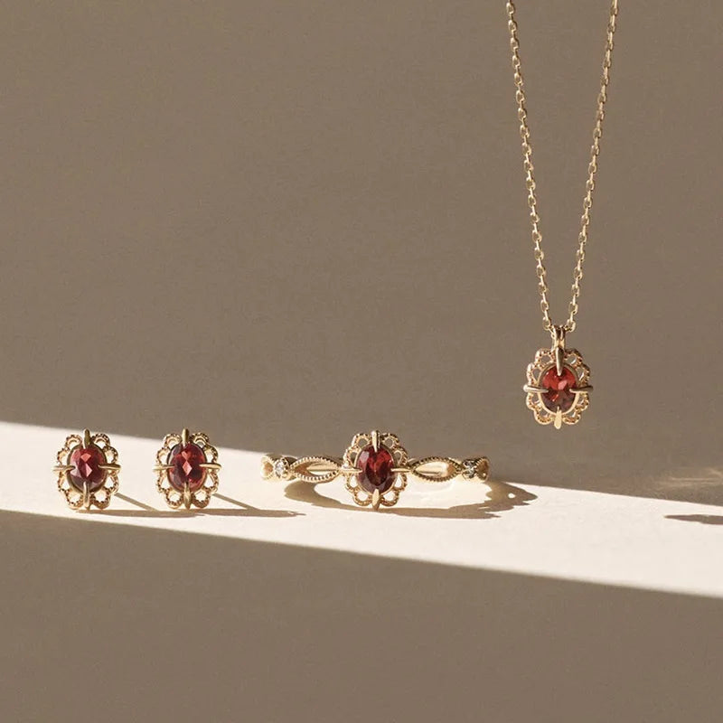 Anel De Prata  925 Sterling Silver 14K Gold Plated Gemstone Vintage Picture Frame Hollow Lace Natural Garnet Ring