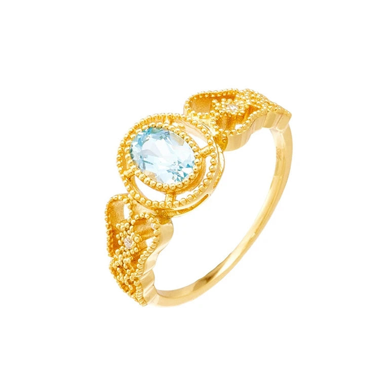 Emotional Factory 925 Sterling Silver 14K Gold Plated Gemstone Natural Blue Topaz Pattern Royal Style Ring