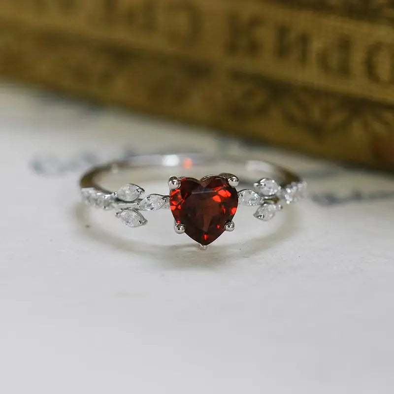 Heart-Shaped Garnet Stainless Steel Ring for Women - Trendy Jewelry Gift