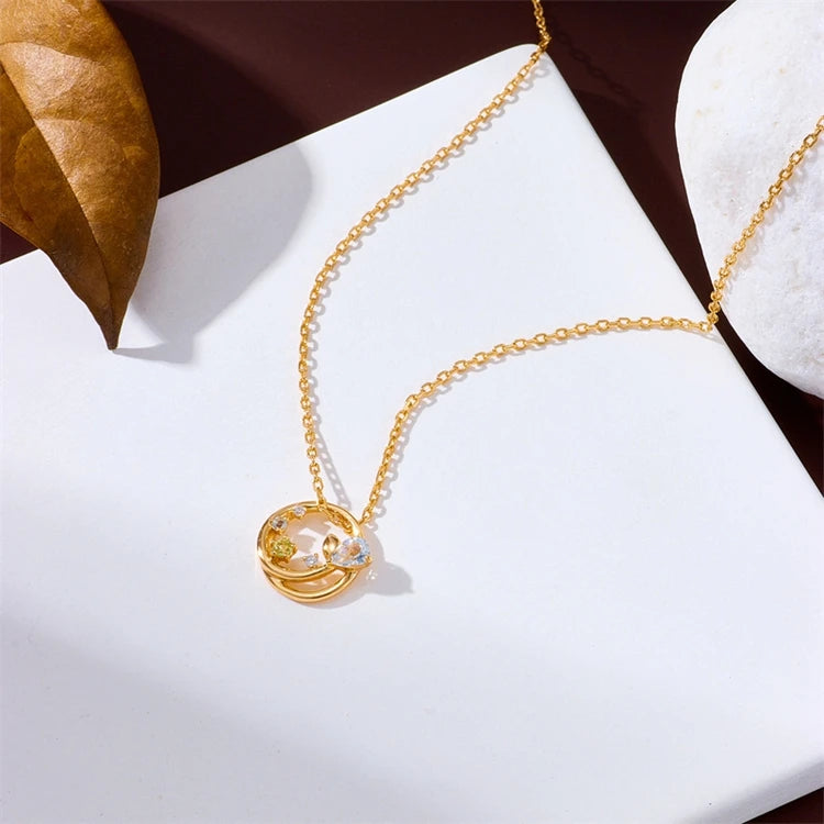 925 Sterling Silver 14K Gold Plated Gemstone Summer Hollow  Round Pendant Aquamarine Necklace