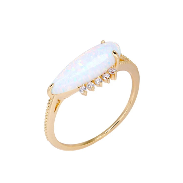 Emotional Factory 925 Sterling Silver 14K Gold Plated Gemstone Synthetic Artificial  Opal Long Boat Shaped Ring