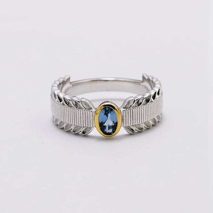 Emotional Factory 925 Sterling Silver 14K Gold Plated Gem Stone Gemstone Granule Leaves Petals London Blue Topaz Ring