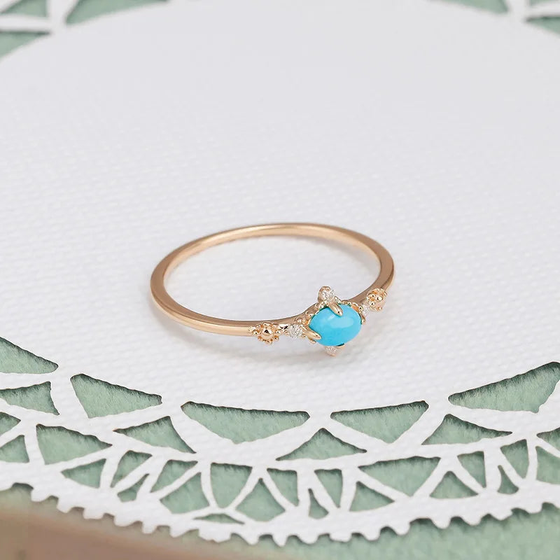Emotional Factory 925 Sterling Silver 14K Gold Plated Gemstone Cz Zircon Oval-Shaped Stone Natural Turquoise Ring