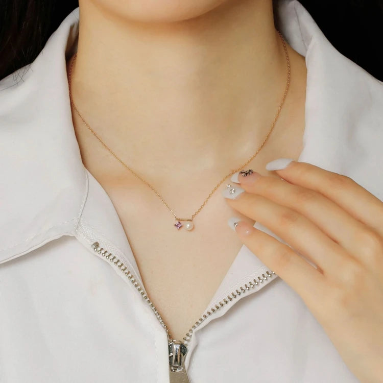 Emotional Factory 925 Sterling Silver 14K Gold Plated Gemstone Pearl Amethyst Bar Necklace