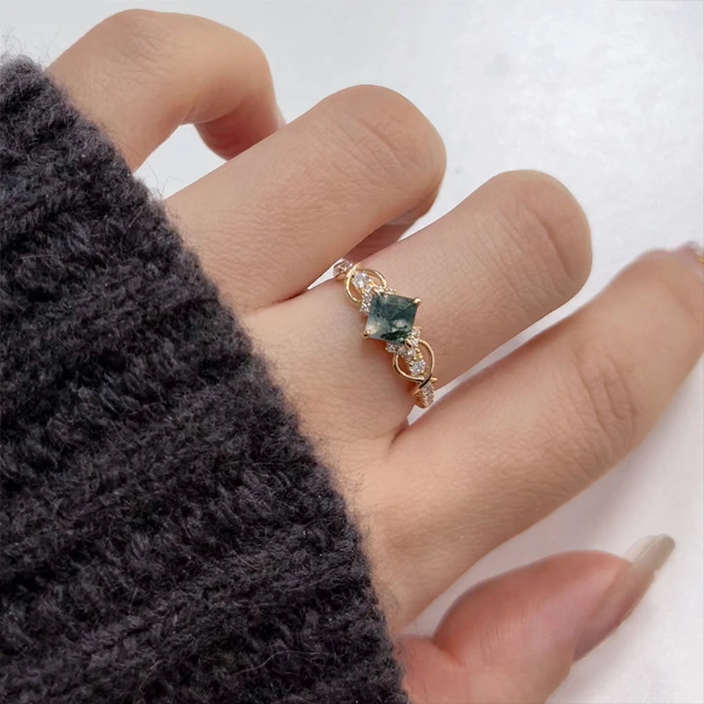 Emotional Joyeria De Plata  Factory 925 Sterling Silver 14K Gold Plated Gemstone Geometric Square Moss Agate Ring