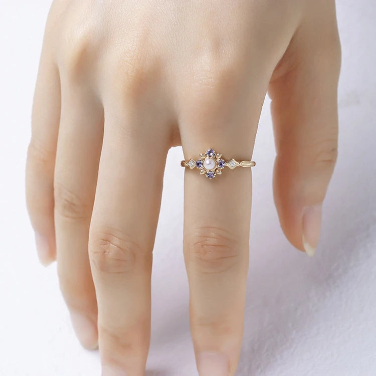 Emotional Factory 925 Sterling Silver 14K Gold Plated Gemstones Flower Rainbow Pearl Tanzanite Stone Ring