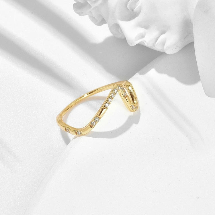 925 Sterling Silver 14K Gold Plated Zircon Geometry Line S Shape Ring