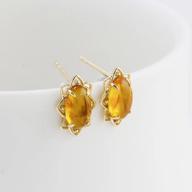 Emotional Factory 925 Sterling Silver 14K Gold Plated Gemstone Flowers Sun  Shaped Synthetic Amber Earrings