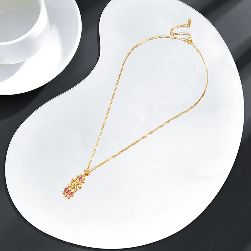 Emotional Factory Jewelry 925 Sterling Silver 14K Gold Plated Gemstone Series Red Corundum White Zircon Tassel Necklace