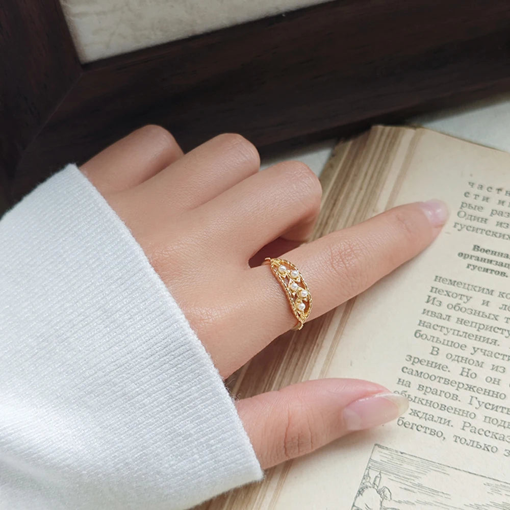 Emotional Factory 925 Sterling Silver 14K Gold Plated Gemstone Skeleton Leaf Hollow Pearl Ring