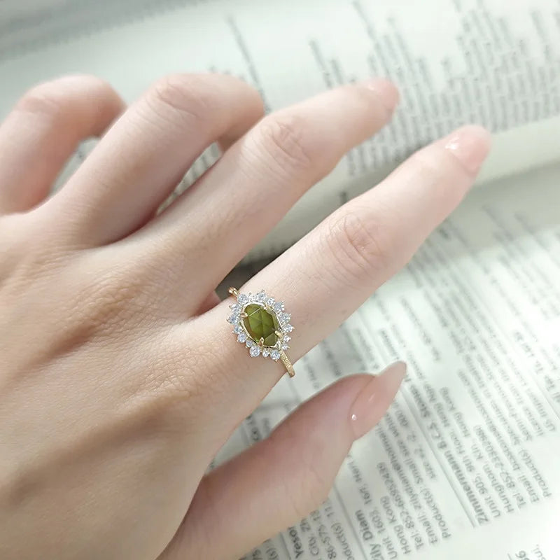 Emotional Factory 925 Sterling Silver 14K Gold Plated Gemstone Cz Zircon Peridot Glass Necklace Green Quartz Ring