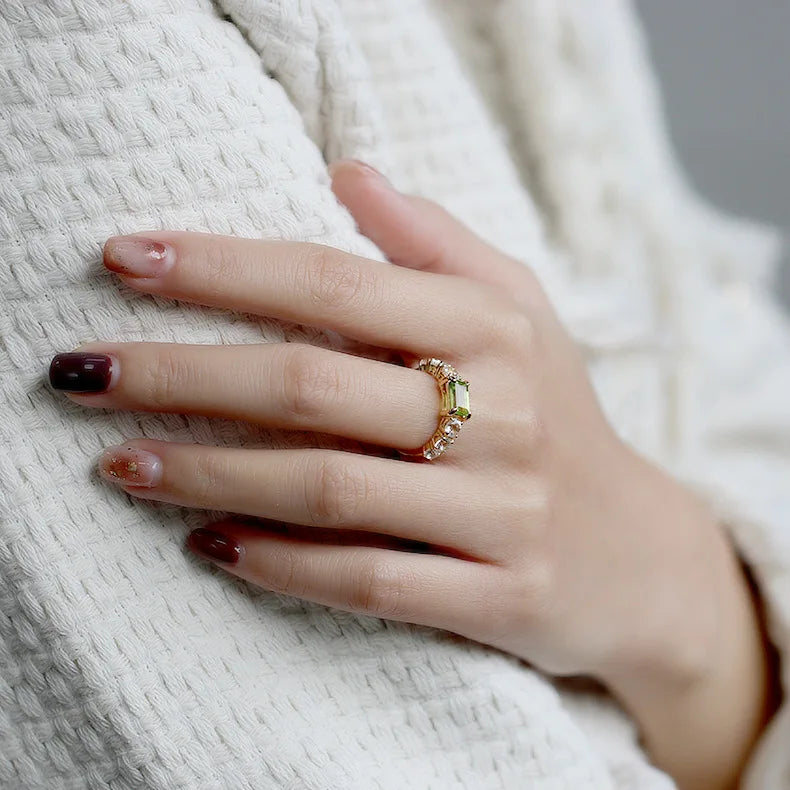 925 Sterling Silver 14K Gold Plated Gemstone Geometric Peridot Rectangular Sky Blue Topaz Quartz Natural Green Crystal Ring