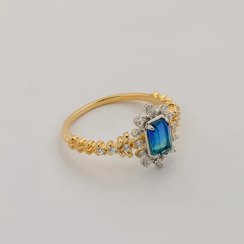 Japanese Light Luxury 14K Gold Plated Green Blue Glass White Zircon Stone Two Tone Silver Ring