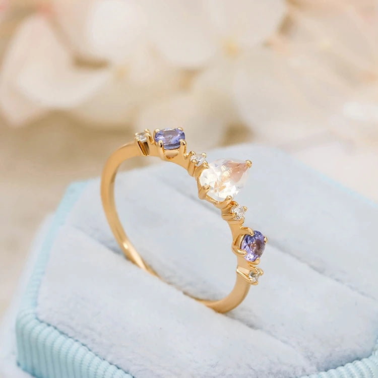 Emotional Factory 925 Sterling Silver 14K Gold Plated Gemstone Drop Tanzanite Zircon Stone Moonstone Ring