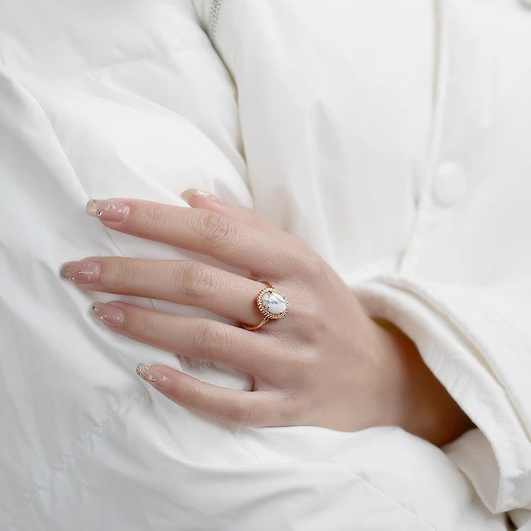 Emotional Bague De Mariage Factory 925 Sterling Silver 14K Gold Plated Gemstone Advanced White Turquoise Rings Bead Ring