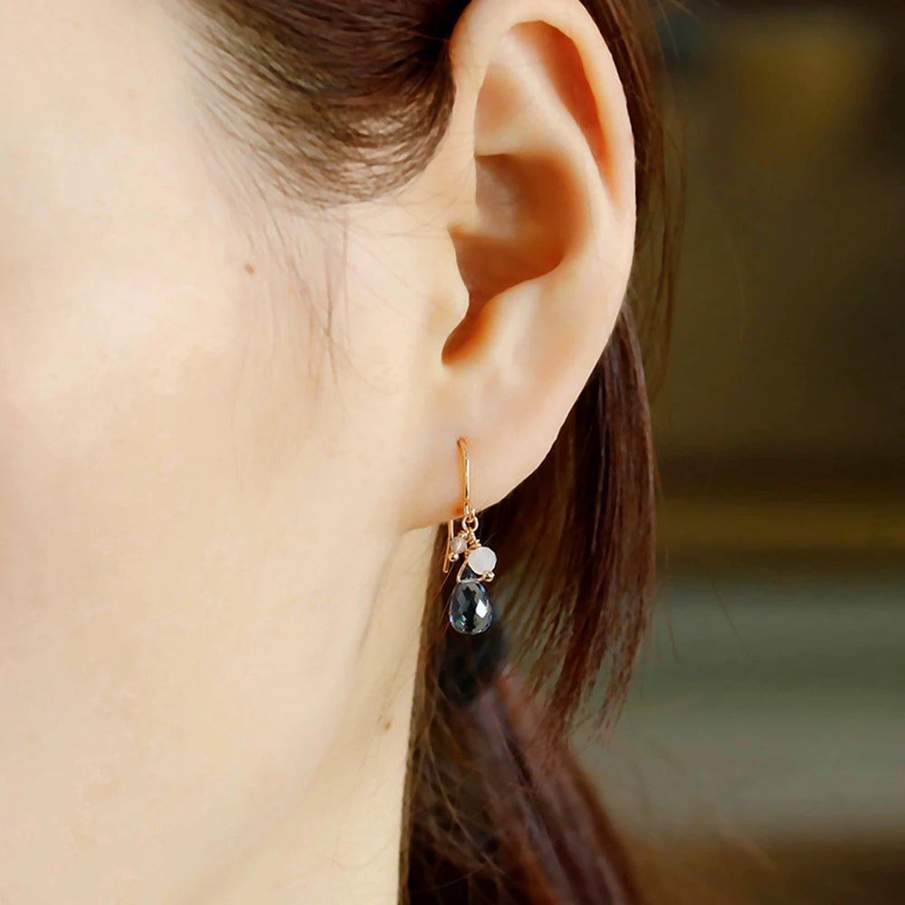 925 Sterling Silver 14K Gold Plated Gemstone Cz Zircon Teardrop Blue Quartz Stone Earrings