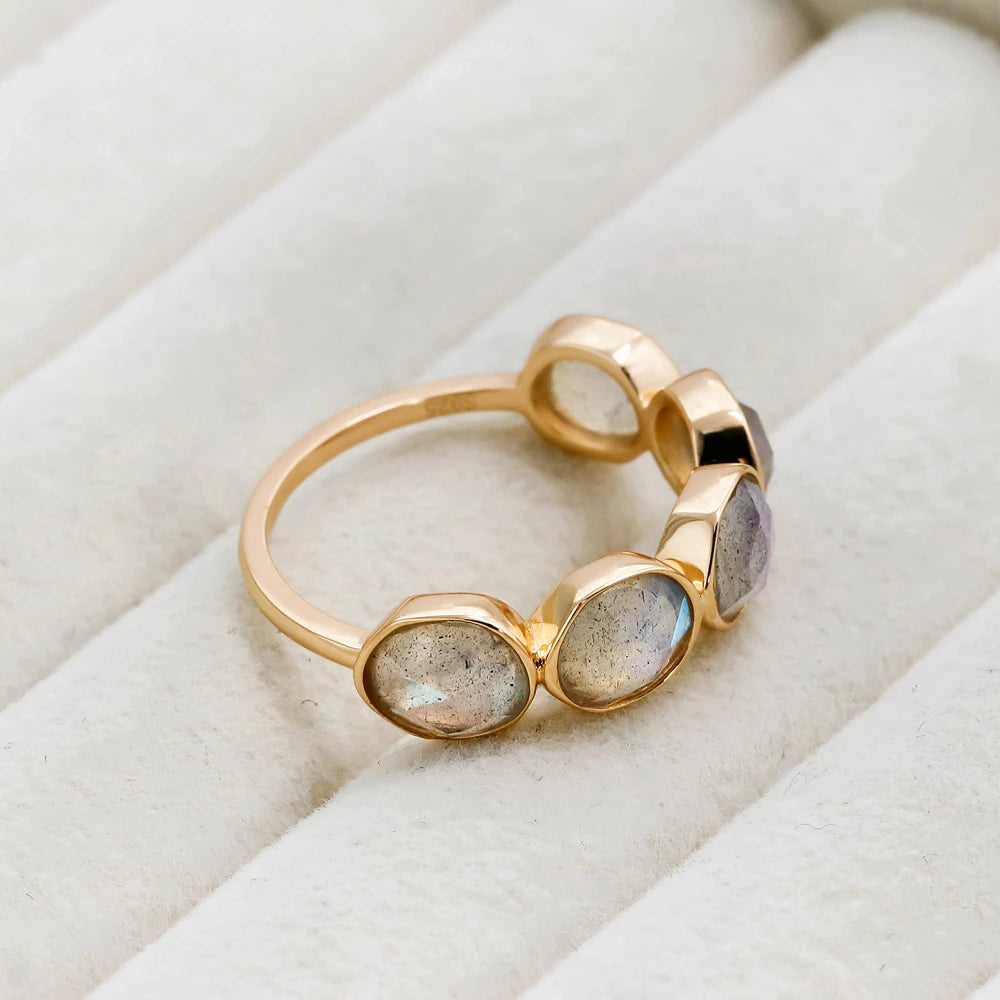 925 Sterling Silver 14K Gold Plated Gemstone 5 Stone Retro Vintage Irregular Natural Labradorite Ring