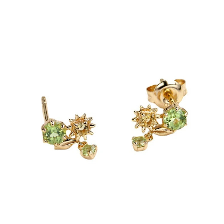 Emotional Factory 925 Sterling Silver 14K Gold Plated Gemstone Delicate Sun Green Olives Earrings