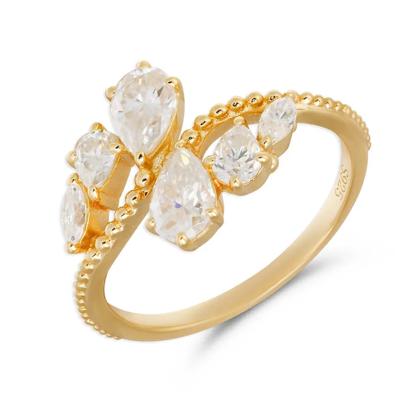 Emotional Factory 925 Sterling Silver 14K Gold Plated Gemstone Water Drops Moissanite Ring