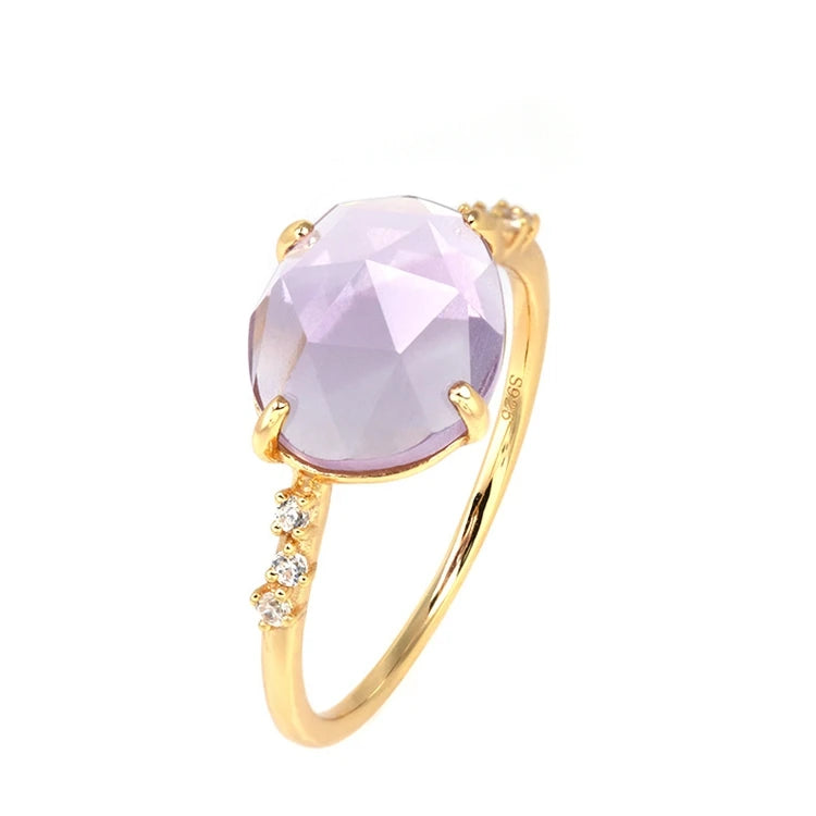 Emotional Factory 925 Sterling Silver 14K Gold Plated Gemstone Egg Shape Women Amethyst Claws Birthstone Ring
