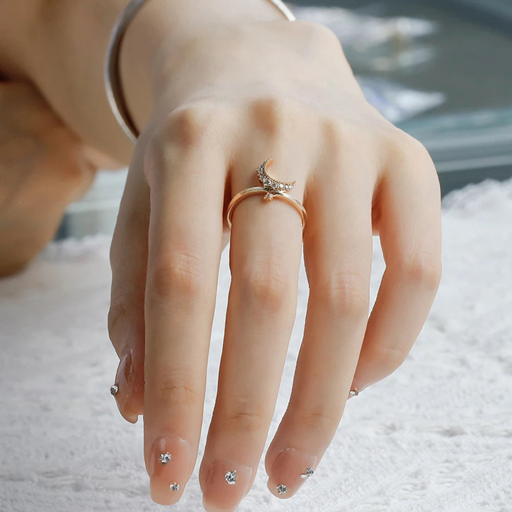 925 Sterling Silver 14K Gold Plated Gemstone Cz Zircon Meteors Star Moon Ring