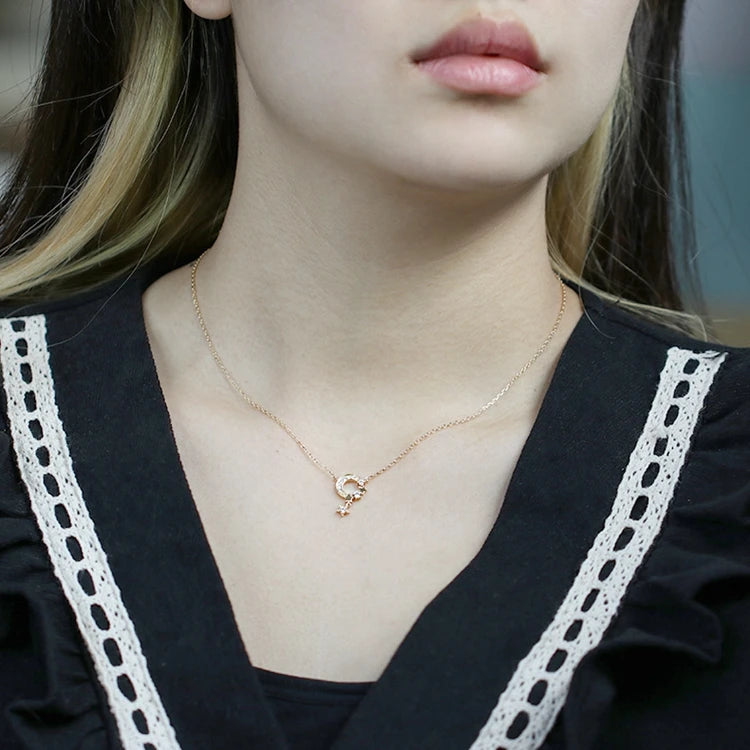 Emotional Factory 925 Sterling Silver 14K Gold Plated Gemstone Gypsophila Moon Star Zircon Necklace