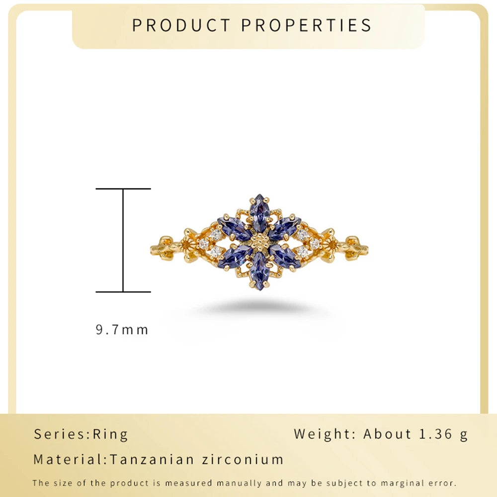 925 Sterling Silver 14K Gold Plated Gemstone Retro Hollow Flower Tanzanite Zircon Synthetic Artificial Opal Ring