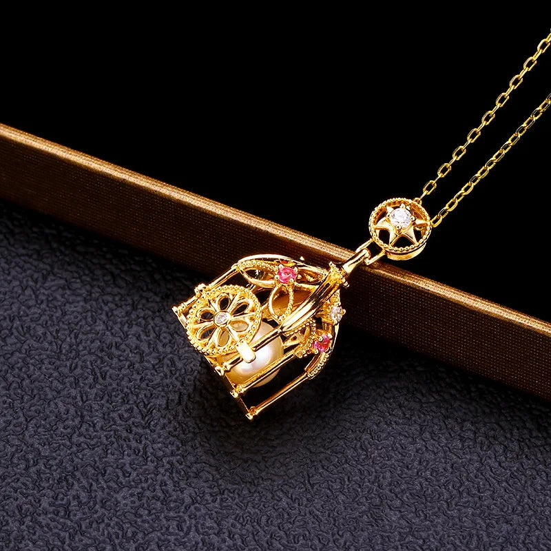 925 Sterling Silver 14K Gold Plated Fairy Tale Pumpkin Carriage Three-Dimensional Design Pearls Open Bird Cage Lockets Pendant
