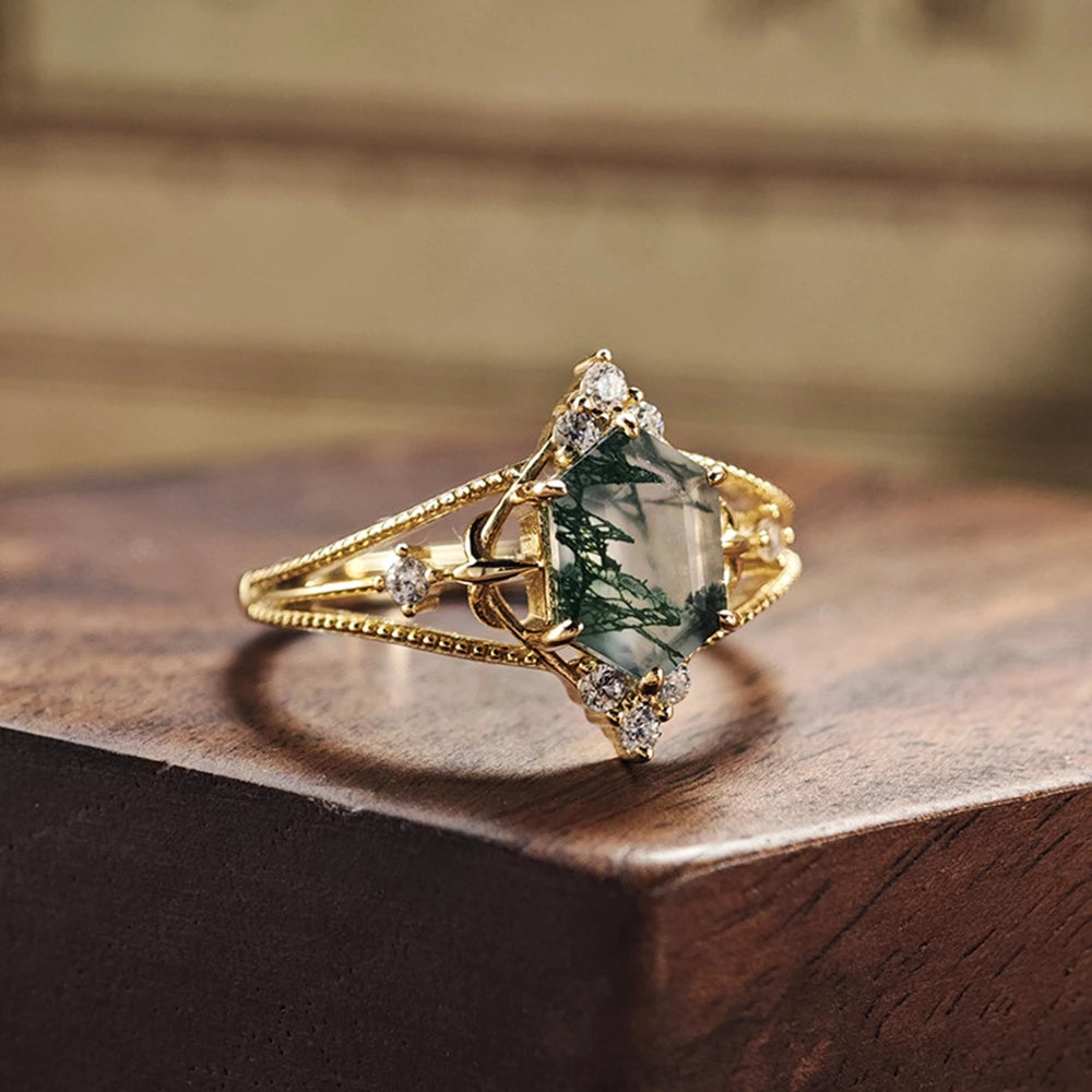 Emotional Factory 925 Sterling Silver 14K Gold Plated Gemstone Cz Zircon Hollow Geometric Rhombus Moss Agate Ring