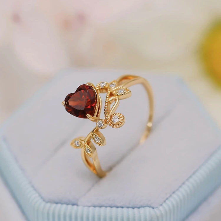 Emotional Anillos De Plata Factory 925 Sterling Silver 14K Gold Plated Gemstone Heart Vintage Leaf Surround  Red Garnet Ring