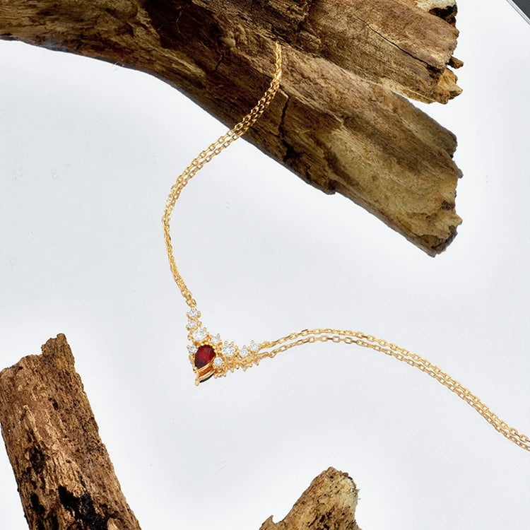 Emotional Factory 925 Sterling Silver 14K Gold Plated Gemstone Red Garnet White Zircon Wing Necklace