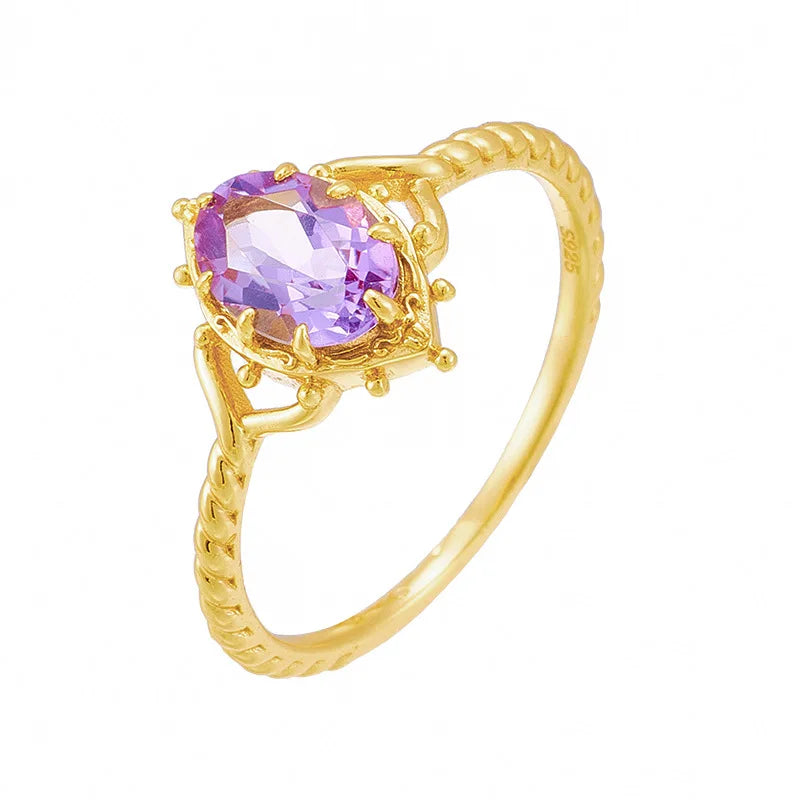 925 Sterling Silver 14K Gold Plated Gemstone Butterfly Natural Amethyst Lace Zircon Adjustable Pattern Stacked Relief Ring