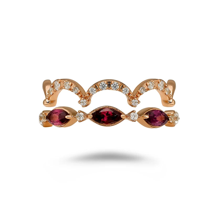 14K Gold Plated Sterling Silver Ring Set With Purplish Red Garnet Japanese Light Luxury Style