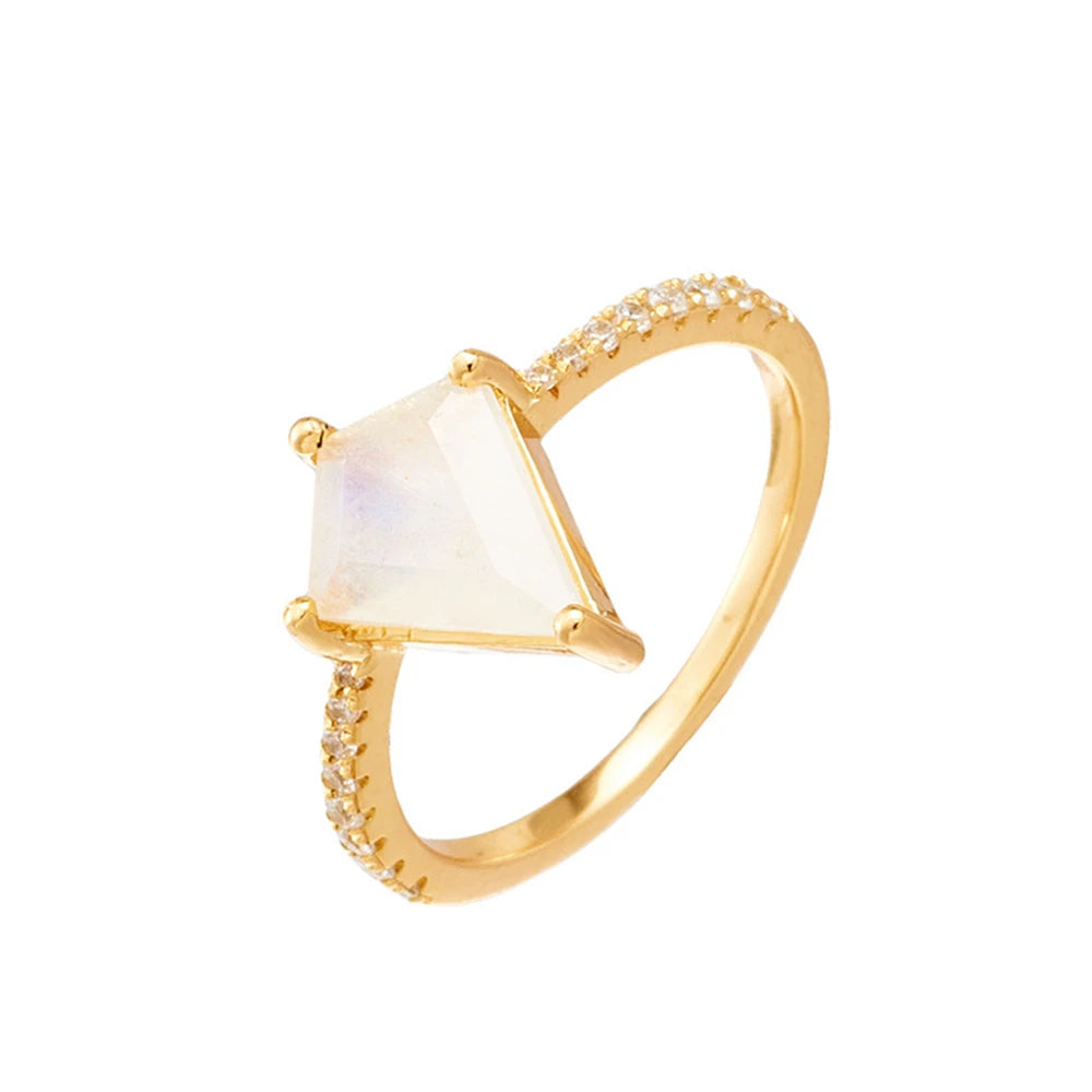 Emotional Custom Factory 925 Sterling Silver 14K Gold Plated  Gem Gemstone Zircon Diamond Shaped Moonstone Ring