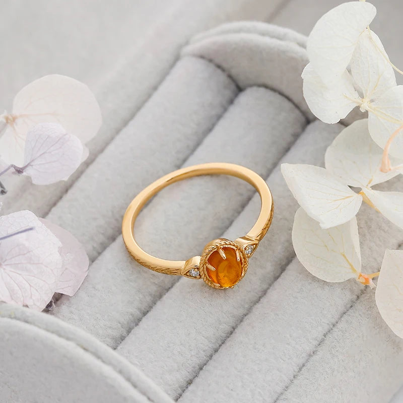Retro Oval Amber Zircon Carved S925 Ring  Plated 14K Gold
