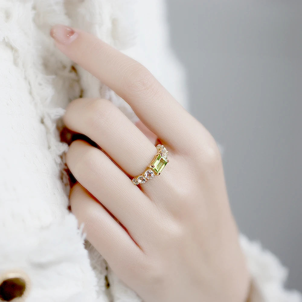 925 Sterling Silver 14K Gold Plated Rectangle Rectangular Green Peridot Ring Topaz Rings