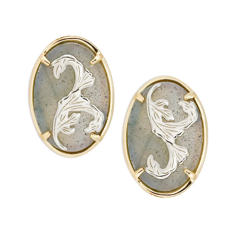 Emotional Factory 925 Sterling Silver 14K Gold Plated Gemstone Geometric Round Grassy Labradorite Earrings