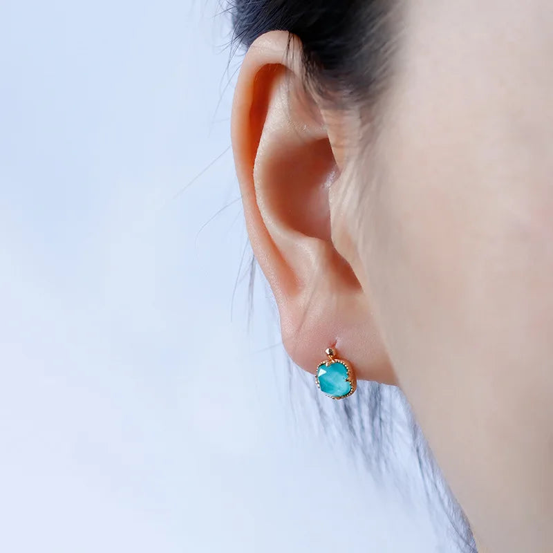 Emotional 925 Sterling Silver 14K Gold Plated Gemstone Geometry  Gem White Rock Crystal Natural Square Turquoise Stud Earrings