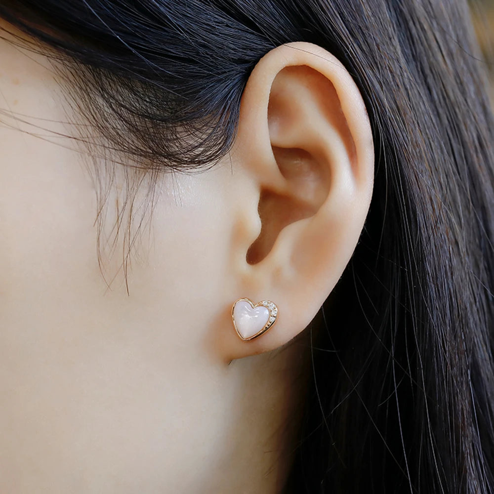 Three-Dimensional Love Pink Shellfish White Zircon Stud Earrings