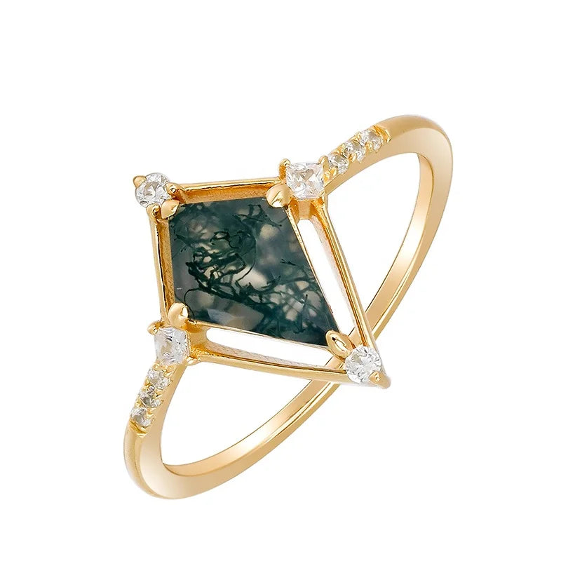 French Light Luxury Retro S925 Silver Plated 14K Gold Aquaticagate Wedding Ring