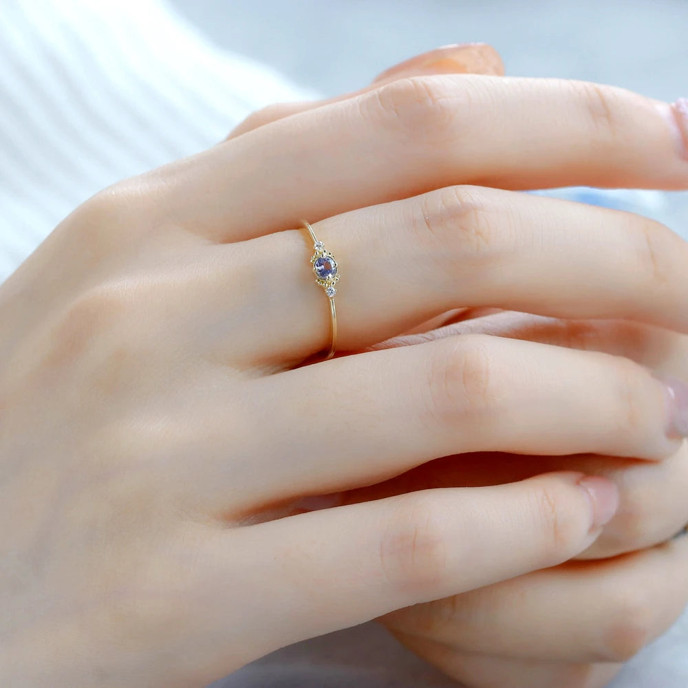 925 Sterling Silver 14K Gold Plated Gemstone Wedding Proposal Minimalist Round Tanzanite Ring