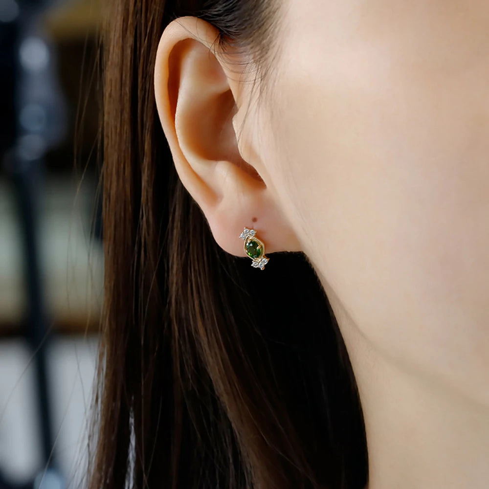 Emotional  925 Sterling Silver 14K Gold Plated Gem Stone Gemstone Hollow Geometric Square Retro Cz Zircon Diopside Earrings