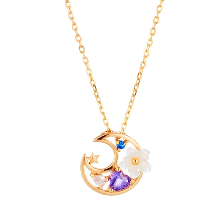 Emotional Factory 925 Sterling Silver 14K Gold Plated Gemstone Amethyst Moon Star White Shell Flower Necklace