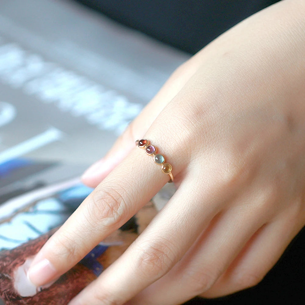 Emotional Factory 925 Sterling Silver 14K Gold Plated Gem Stone Round Bead Topaz Amethyst Garnet Citrine Natural Crystal Ring