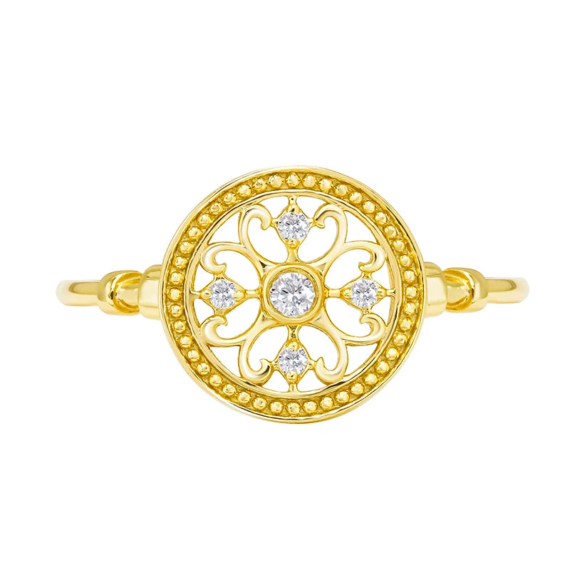 Dunli Jewelry Spring 2024 New Product Retro Style Hollow Pattern S925 Silver Plated 14K Gold White Zircon Ring