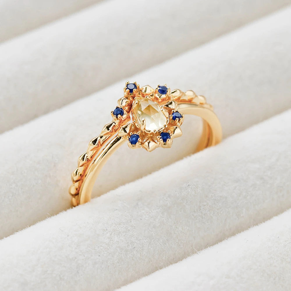 Emotional Factory 925 Sterling Silver 14K Gold Plated Gem Stone Gemstone Blue Spinel Drop Cz Zircon Lemon Quartz Ring Set