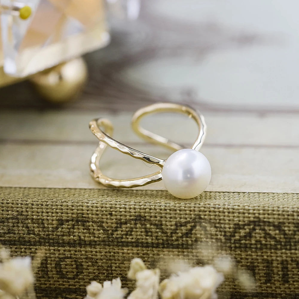 Emotional Factory 925 Sterling Silver 14K Gold Plated Gemstone Adjustable Overpass Natural Pearl Ring